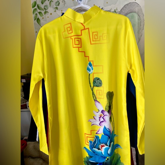 ao dai nam lụa in sen, Vietnamese men’s contemporary long dress top yellow s 5xl - Picture 4 of 5